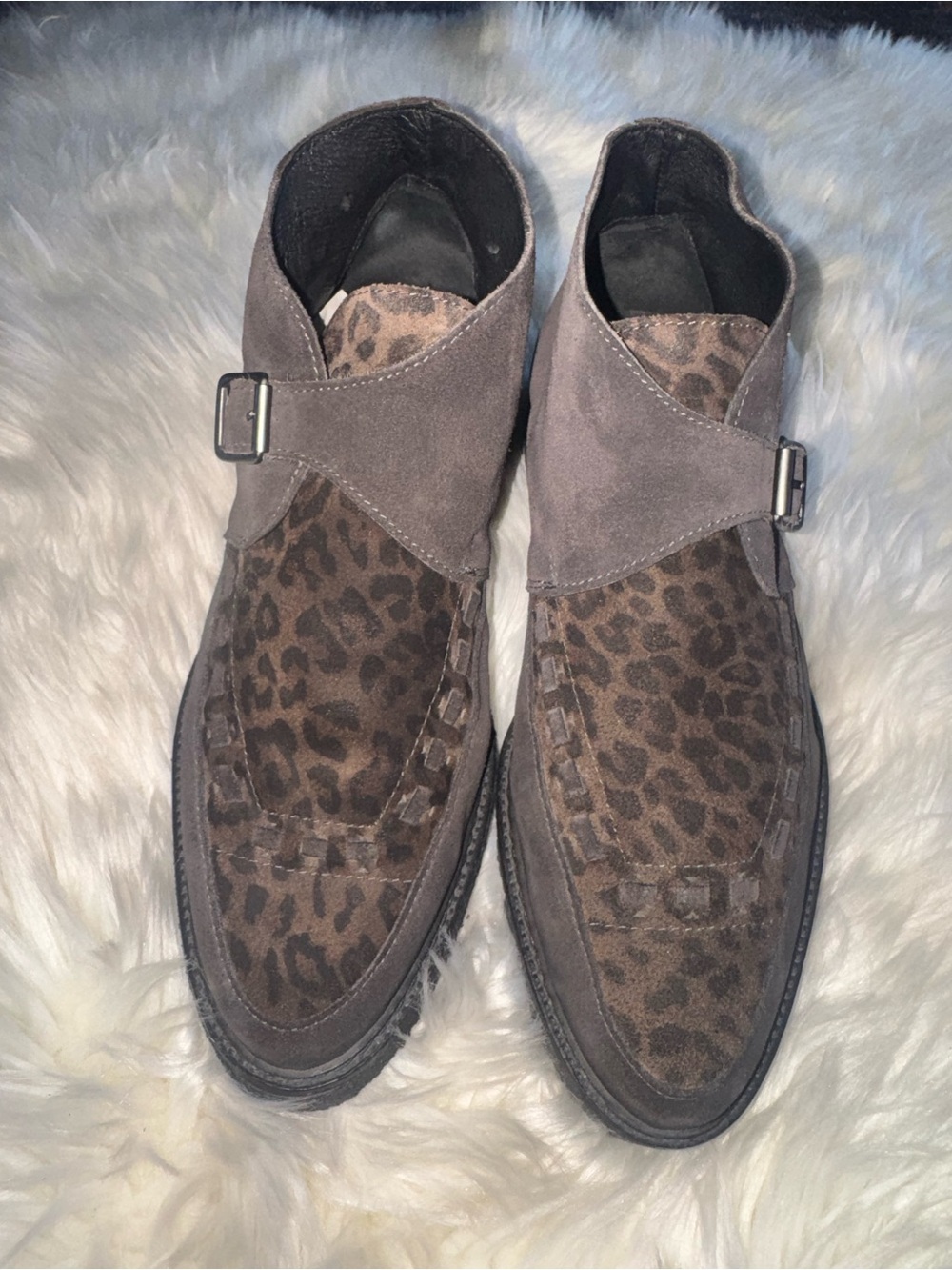 All Saints Taupe Suede Chukka Boots with Leopard Print